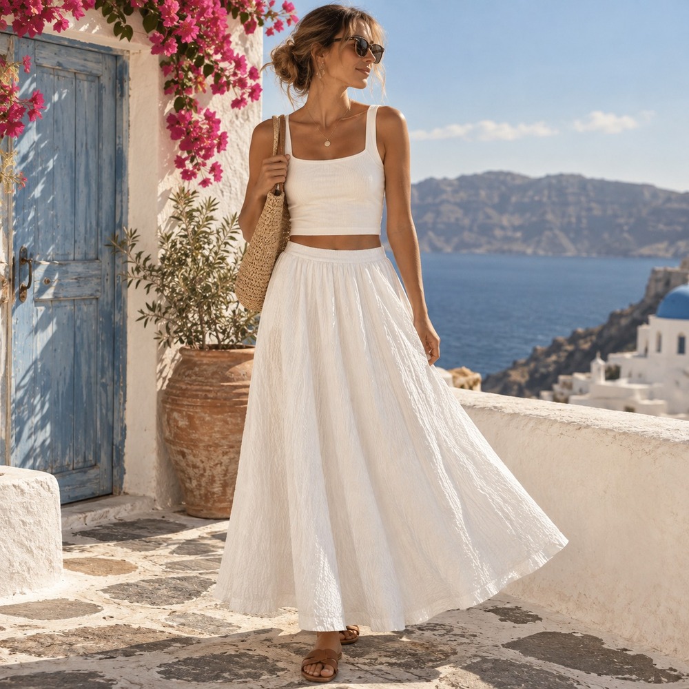 White Textured Maxi Skirt Sz M Coastal Boho Cottage Lined Pockets Elastic Waist